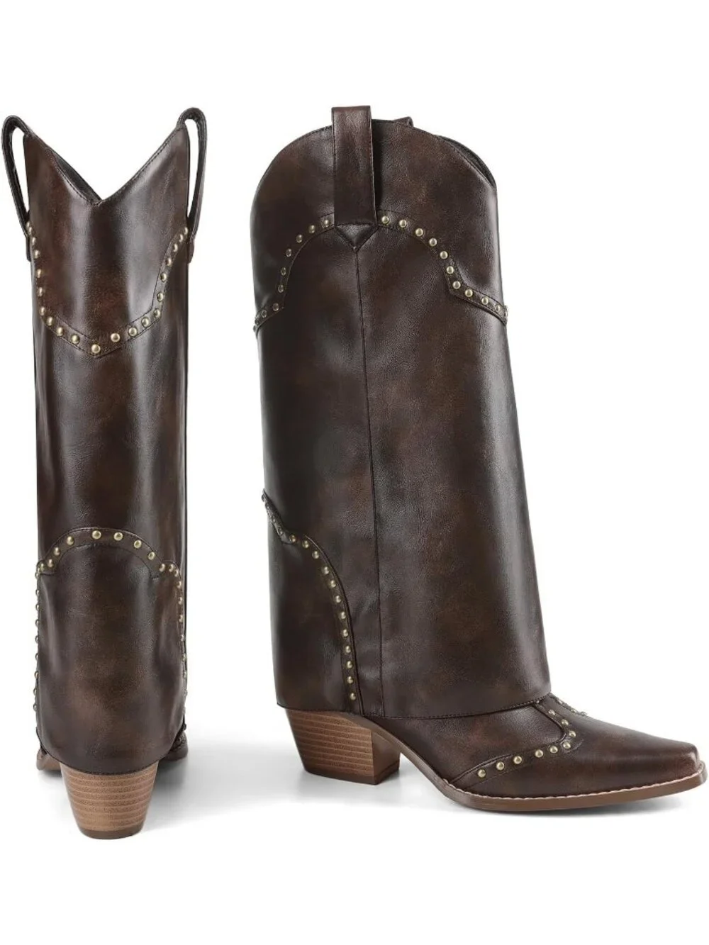Women's Dark Brown Faux Leather Over Boot Knee High Chunky Heel Cowgirl Boot